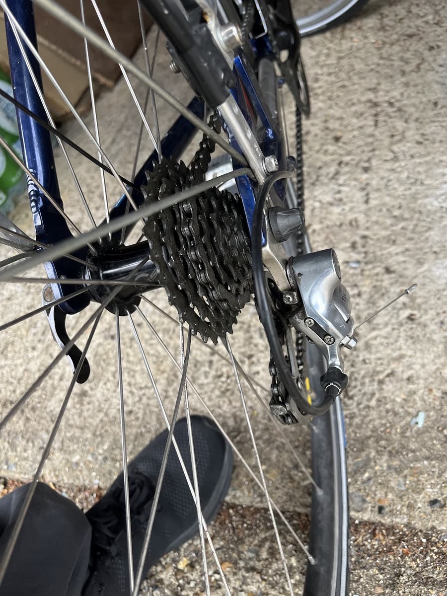Close-up of a rear cassette, derailleur and wheel spokes
